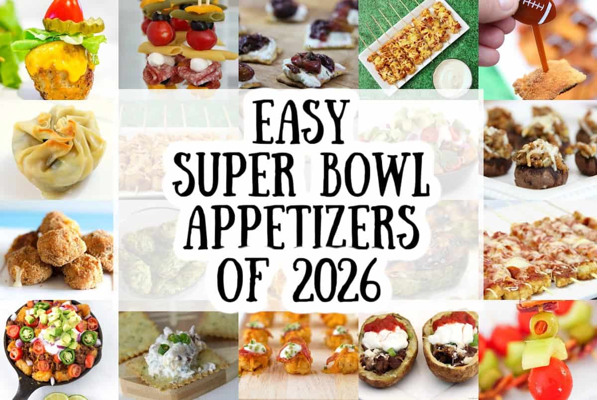 A collage of colorful Easy Super Bowl Appetizers surrounds the bold text “Easy Super Bowl Appetizers of 2026” at the center, featuring sliders, dips, skewers, mini pizzas, meatballs, and tasty finger foods.