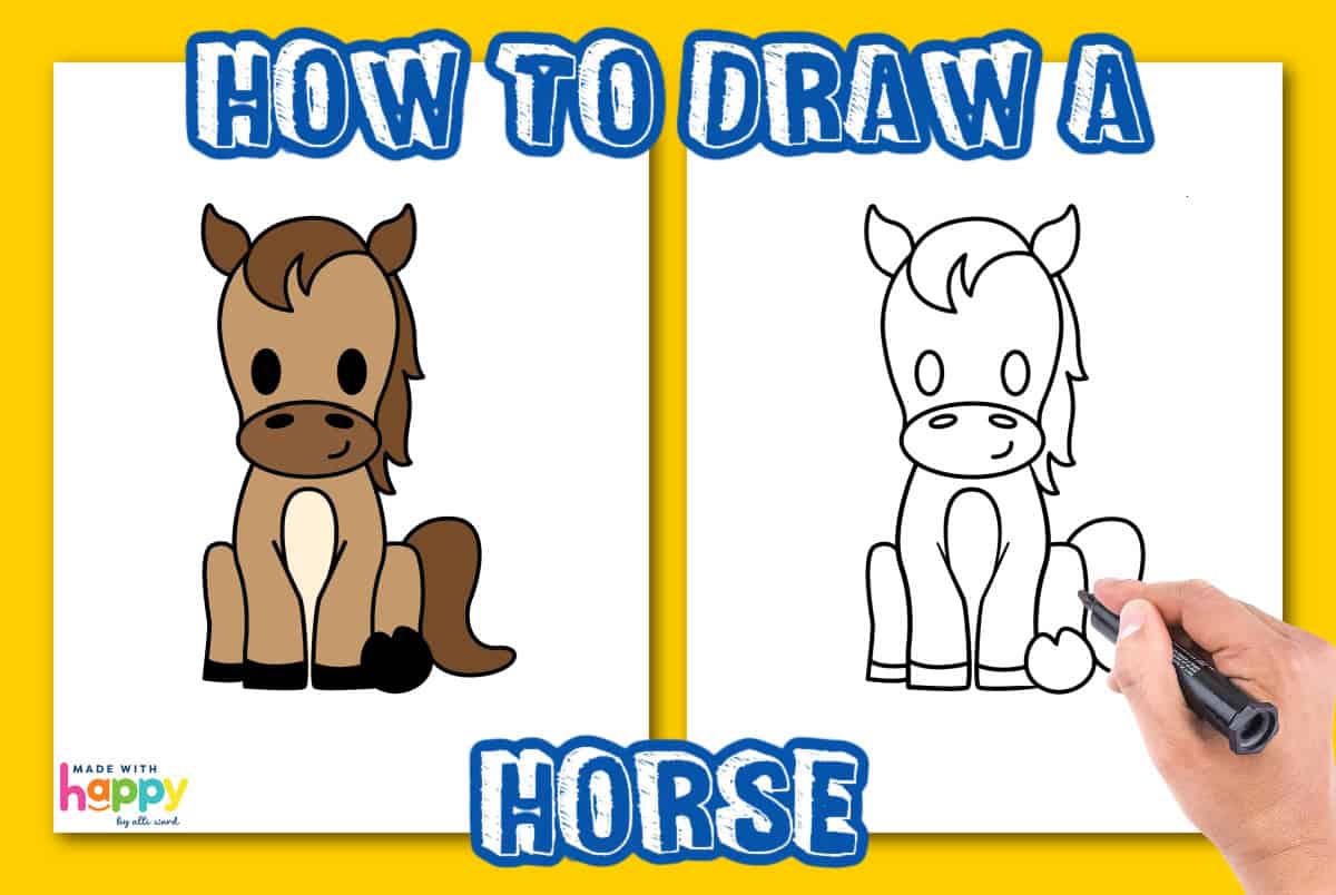 Step-by-step drawing guide showing how to draw a cute cartoon horse; the left side displays a colored version, and the right side shows a hand outlining the horse with black marker on a white background.