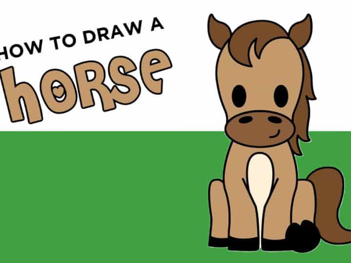A cartoon-style illustration of a brown horse with a light belly, sitting on green grass. Above it, text reads “HOW TO DRAW A horse” with the word “horse” in large, outlined letters.