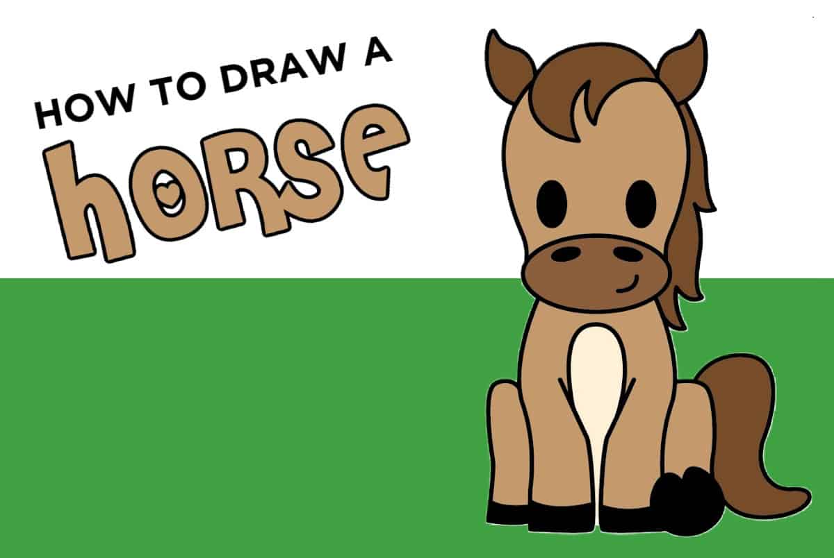A cartoon-style illustration of a brown horse with a light belly, sitting on green grass. Above it, text reads