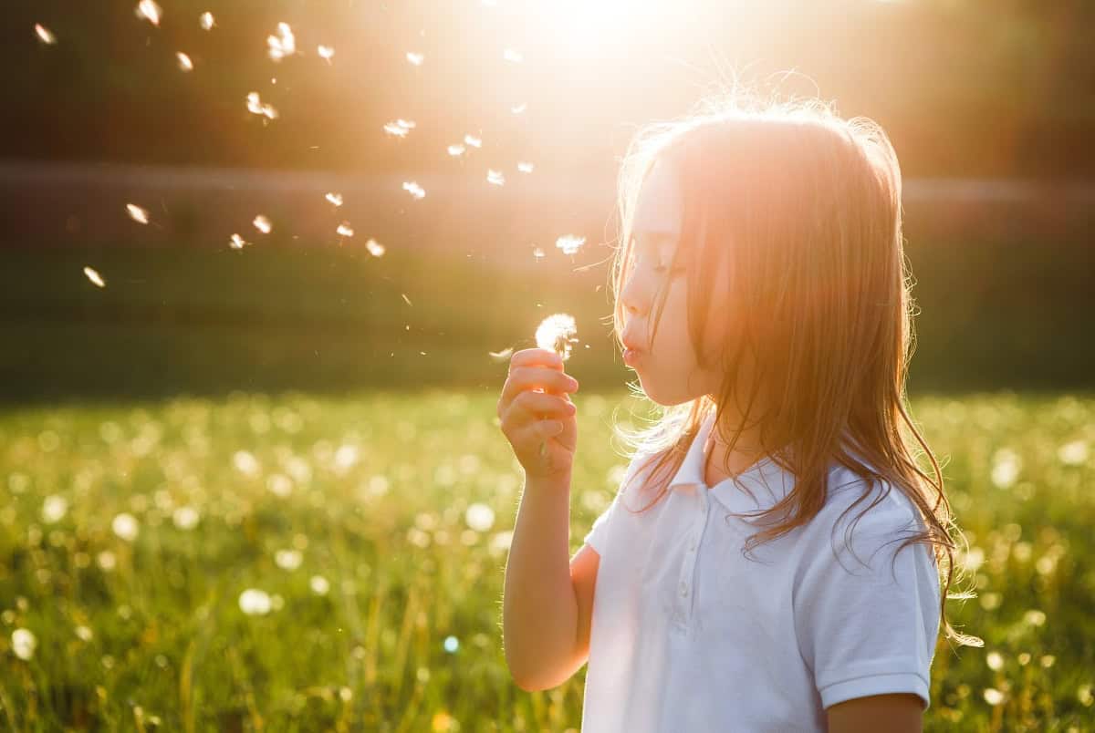 A child with long hair in a white shirt blows on a dandelion, sending seeds into the air, standing in a sunlit field with green grass in the background.