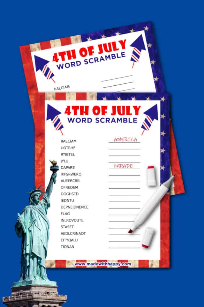 4th of July word scramble printables