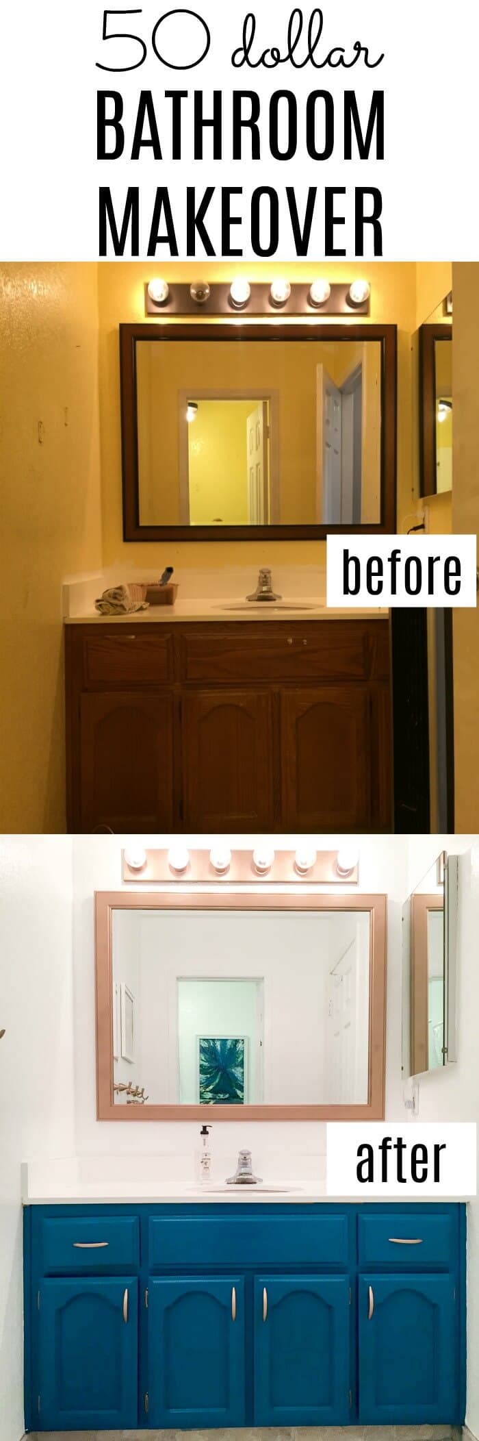 50 dollar bathroom makeover.  We turned this off-white and brown 80's bathroom into a modern dream with just a few changes.  We were able to paint the tile and paint the vanity top changing the look of the bathroom dramatically.  Bathroom Makeover on a budget.  DIY Bathroom.  Modern Blue Bathroom.  www.madewithhappy.com