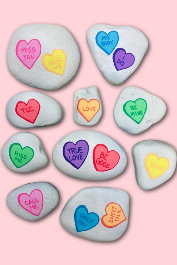 Valentines Conversation Hearts on Rocks