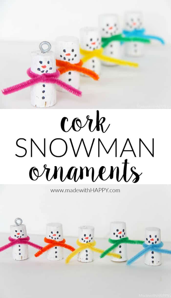 Cork Snowman Ornaments | Kids Snowman Crafts | Christmas Cork Crafts | Snowman Kids Crafts | Kids Cork Crafts | Winter Crafts for Kids | www.madewithhappy.com