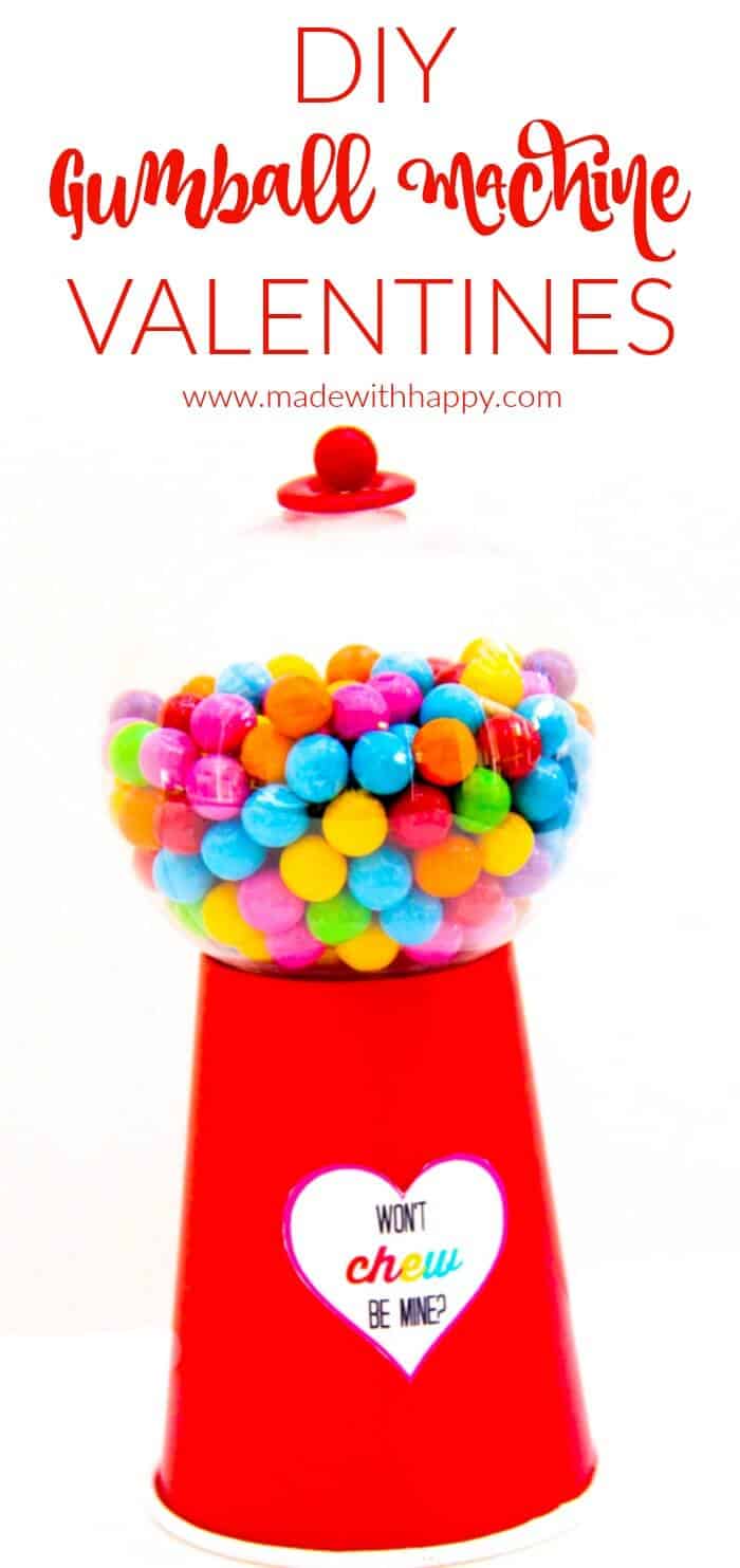 There are so many fun make your own Valentine option.  We are in love with this DIY Gumball Machine with free printable.. We're sharing how to make a gumball machine along with these super cute "won't chew be mine" free printables. www.madewtihhappy.com