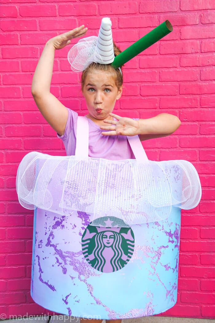 DIY Halloween Costume. How to make a Starbucks drink costume. Starbucks Unicorn Drink Costume. Make your own Starbucks costume this Halloween.