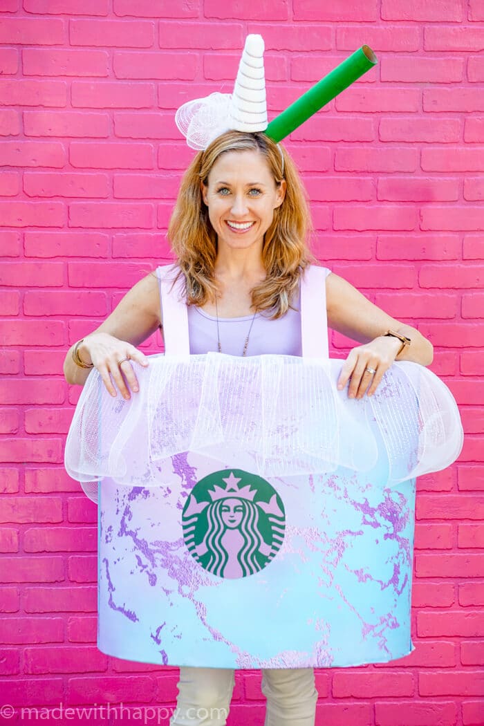 DIY Halloween Costume. How to make a Starbucks drink costume. Starbucks Unicorn Drink Costume. Make your own Starbucks costume this Halloween.