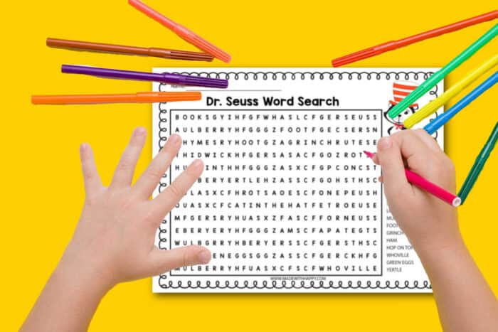 kids word search puzzle for Dr. Seuss' birthday