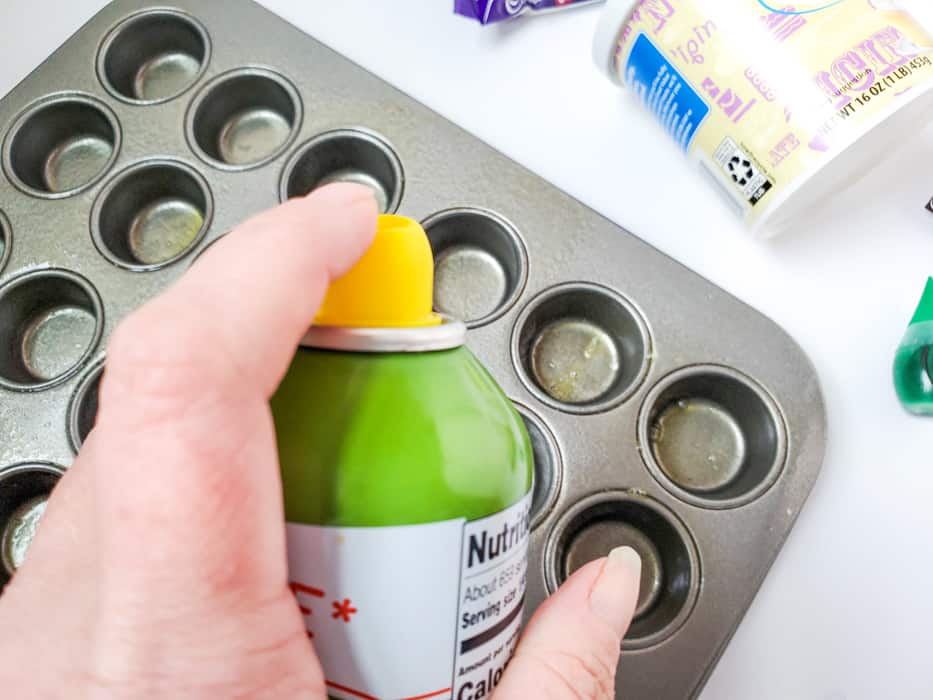 Spraying mini muffin tins