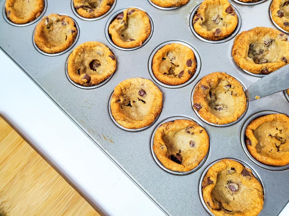 cookied cookie cups in a mini muffin tin