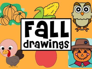 Cartoon fall-themed drawings with pumpkins, corn, an owl, a turkey, an apple, and a scarecrow. A large sign in the center reads "FALL drawings" in bold, playful letters. The orange background adds to the easy Fall drawings vibe.