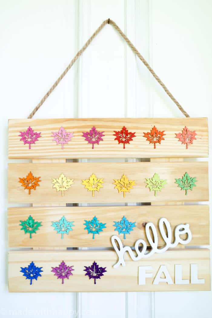 Fall DIY Sign. Colorful Hello Fall Wood Sign. Fall DIY SIgn welcoming Fall. Rainbow Home Decor. www.madewithhappy.com