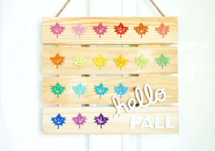 Fall DIY Sign. Colorful Hello Fall Wood Sign. Fall DIY SIgn welcoming Fall. Rainbow Home Decor. www.madewithhappy.com