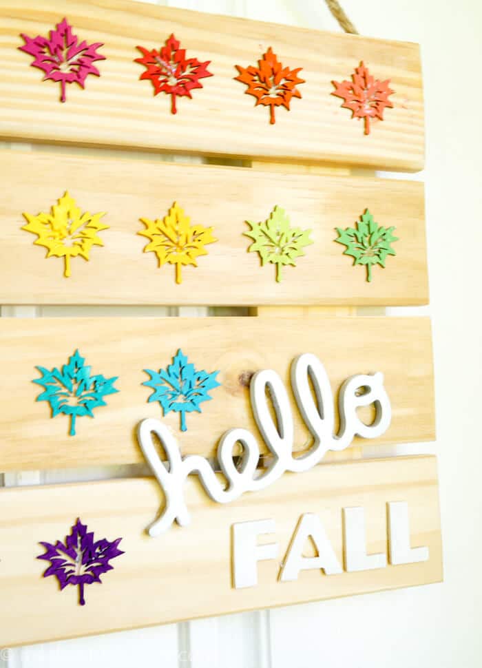 Fall DIY Sign. Colorful Hello Fall Wood Sign. Fall DIY SIgn welcoming Fall. Rainbow Home Decor. www.madewithhappy.com