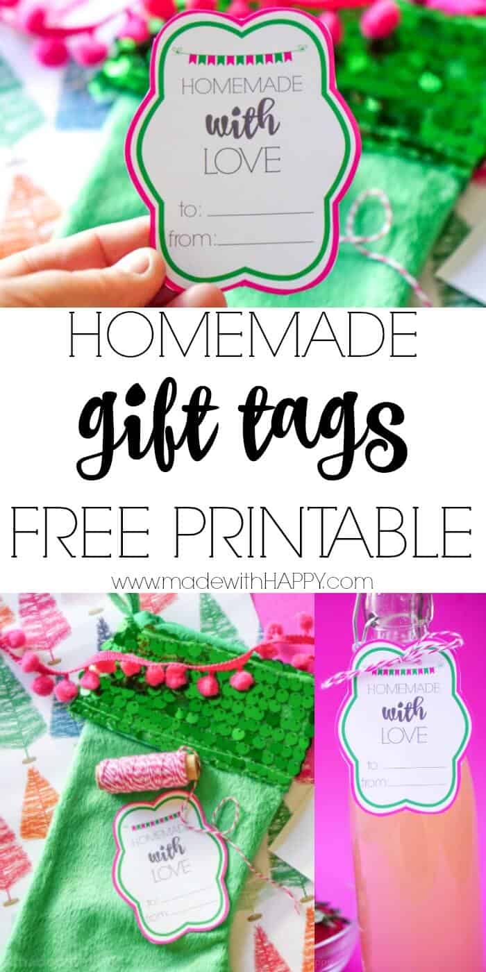 A colorful display of homemade gift tags adorned with "Homemade with Love" text. The tags feature a green and pink background, complemented by festive materials like fabric and pink thread. Text reads: Homemade Gift Tags Free Printable.