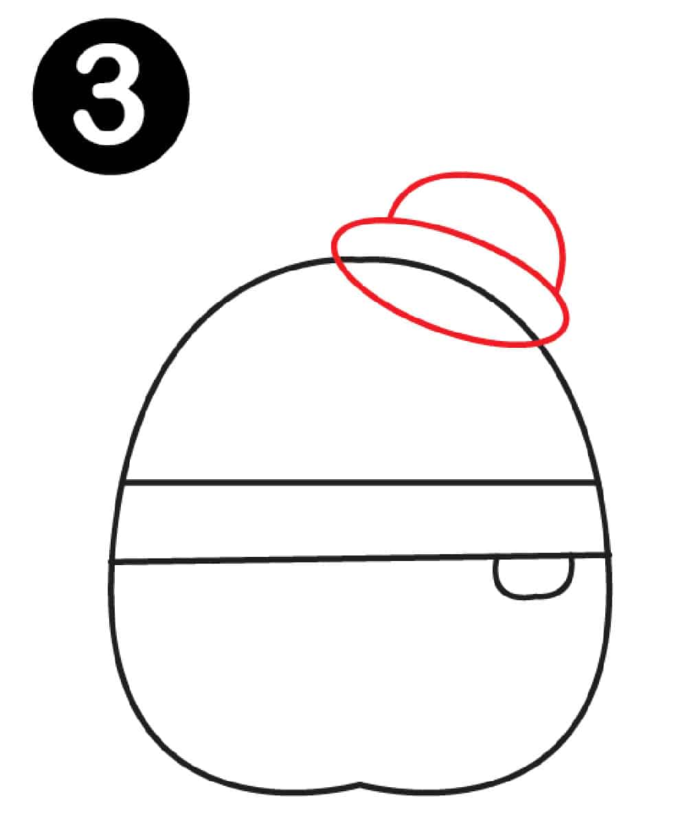 Step 3: Next, a small oval on​the side of the head. Add a small upside U on the top of​the oval to make a hat