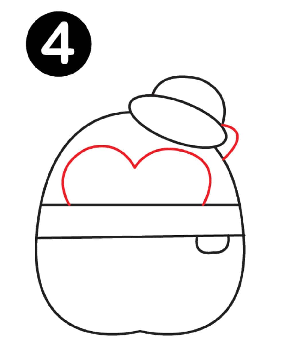 Step 4: The next step is to draw a small line from where the top of the hat and the base of the hat meets, off to the side of the penguin. Then add two curves from the belt. Looks like​the top of a heart. This is the penguin's face.