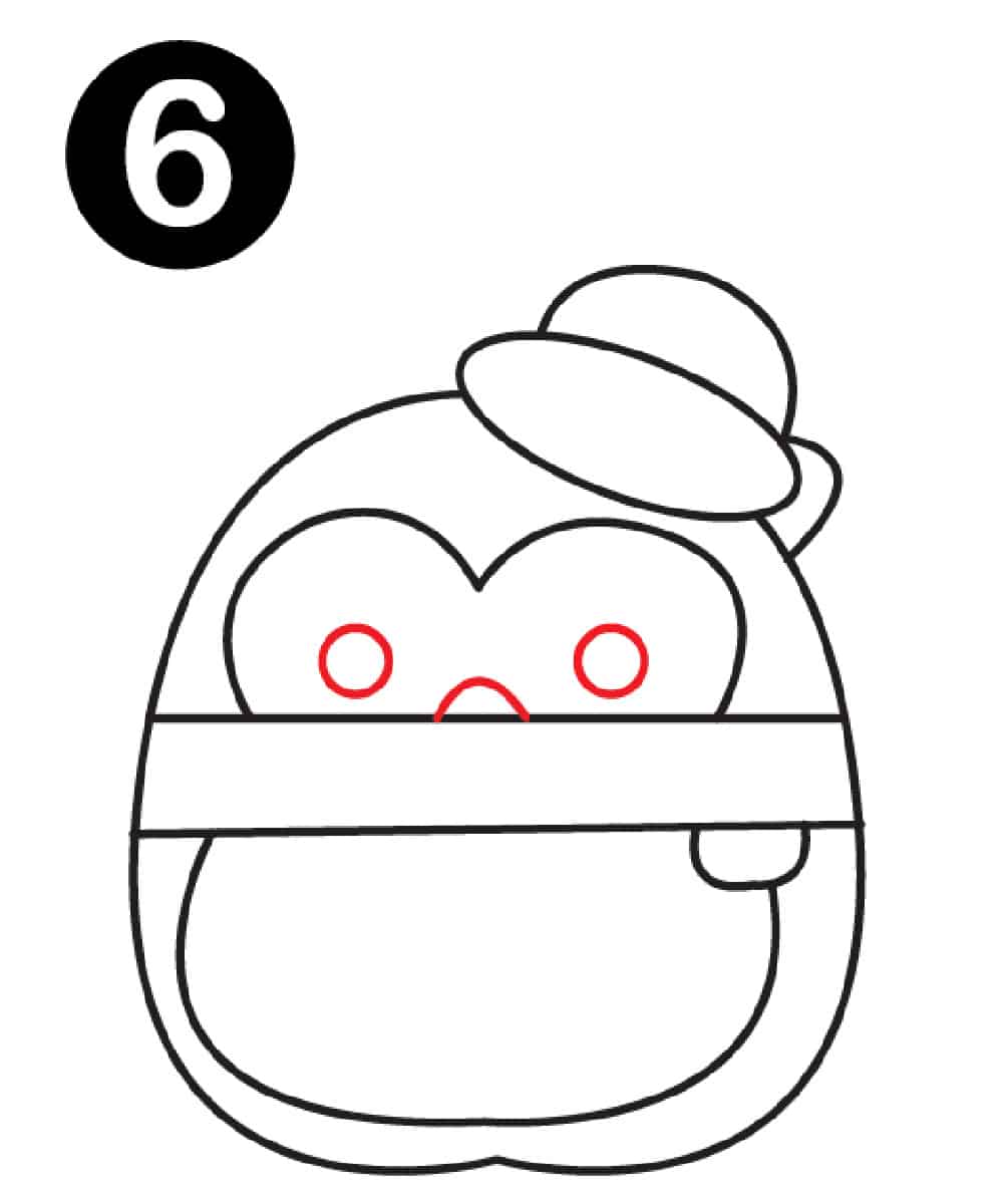 Step 6: Draw a small half circle coming off the belt in the middle of the penguin face to create the nose. Then draw two circles on each side of the nose to create eyes.