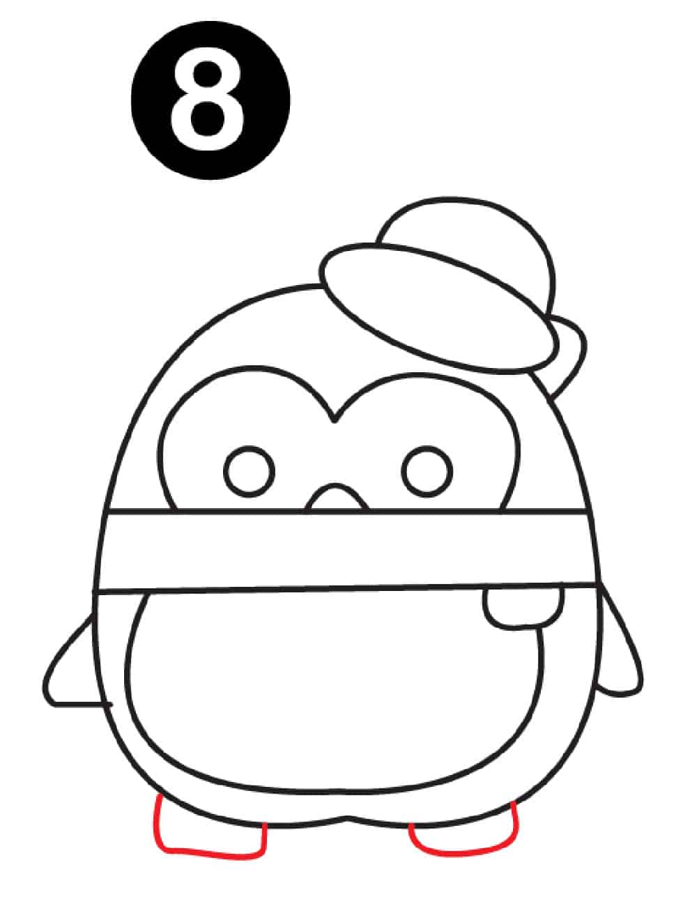 Step 8: Draw two half rectangles on the bottom of the penguin to create feet.