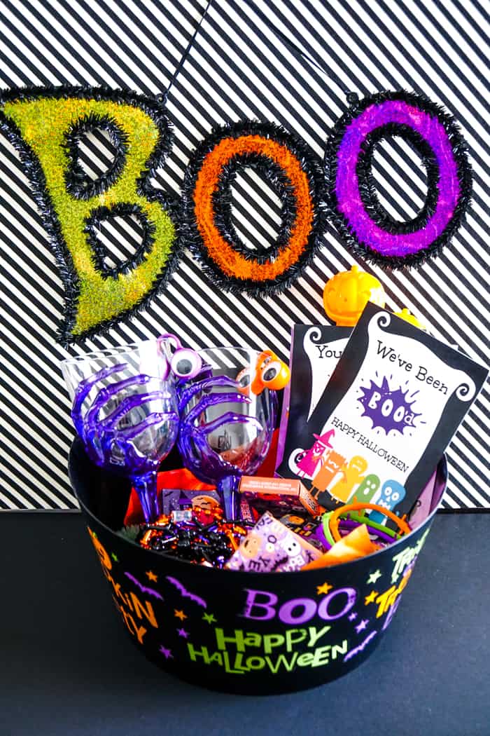 Filled boo bucket with halloween goodies