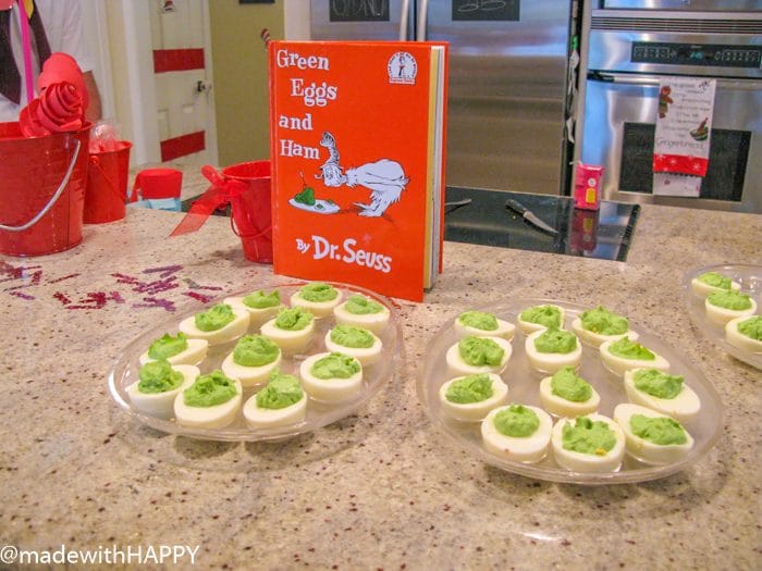 Green Deviled Eggs. Dr Seuss Birthday Party for a two year old. Fun Decoration ideas for a Dr. Seuss birthday party. Dr. Seuss Party Ideas. Dr. Seuss Party Supplies
