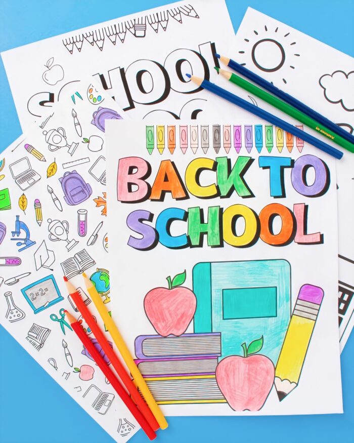 back to school coloring pages flatlay