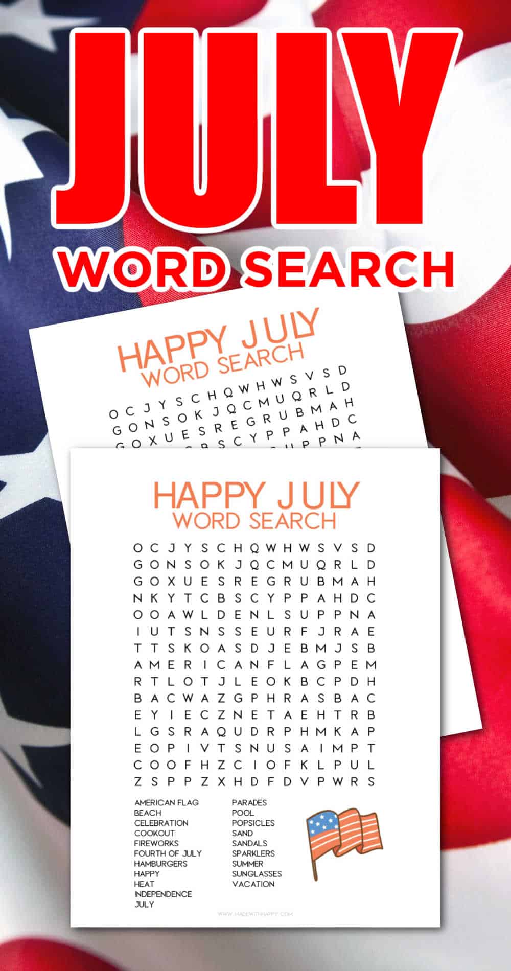 July Word Search Made with HAPPY