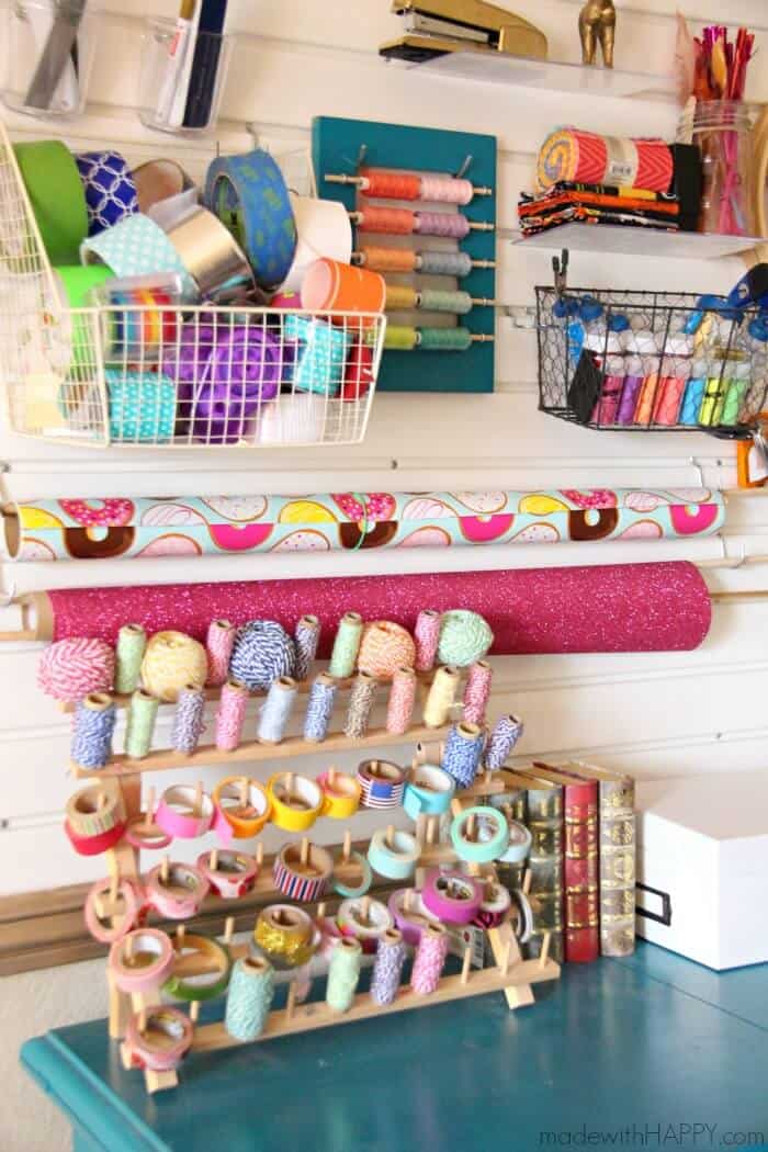 Craft Room Tour | Made with HAPPY Craft Room | Slat Wall, Rainbow Straws, Gold Striped Furniture and more | Organizing Crafts | Office Craft Room Ideas | www.madewithHAPPY.com