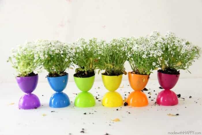 Plastic Easter Egg Crafts - planters empty and with plants