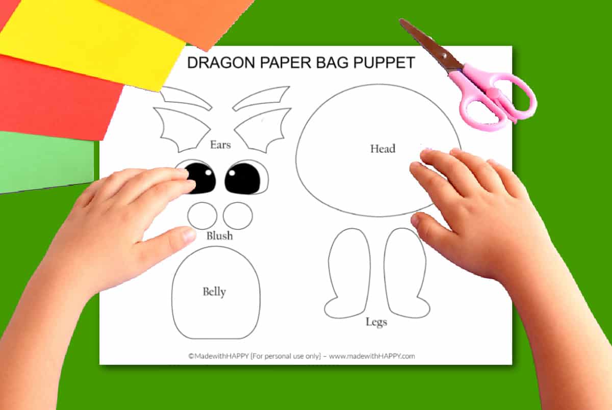 print and cut dragon paper bag puppet template