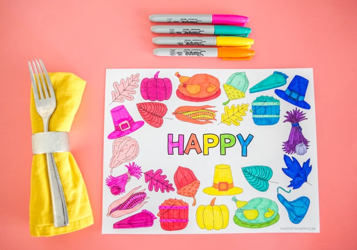 HAPPY Printable Thanksgiving Placemat Colored in a Rainbow