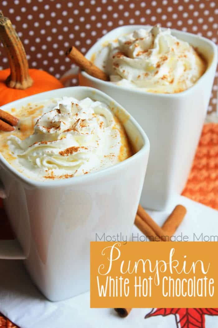 Pumpkin White Hot Chocolate | 20+ Fall Cocktail Recipes | Holiday Entertaining with Fall Recipes | Pumpkin, apple and cinnamon cocktails | www.madewithHAPPY.com