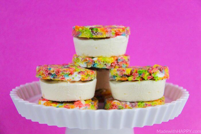 Rainbow Ice Cream Sandwich | Ice cream sandwich recipes | Rice Crispy Treats | Rainbow Treats | St. Patrick's Day Desserts | Rainbow Rice Crispy Treats | www.madewithhappy.com