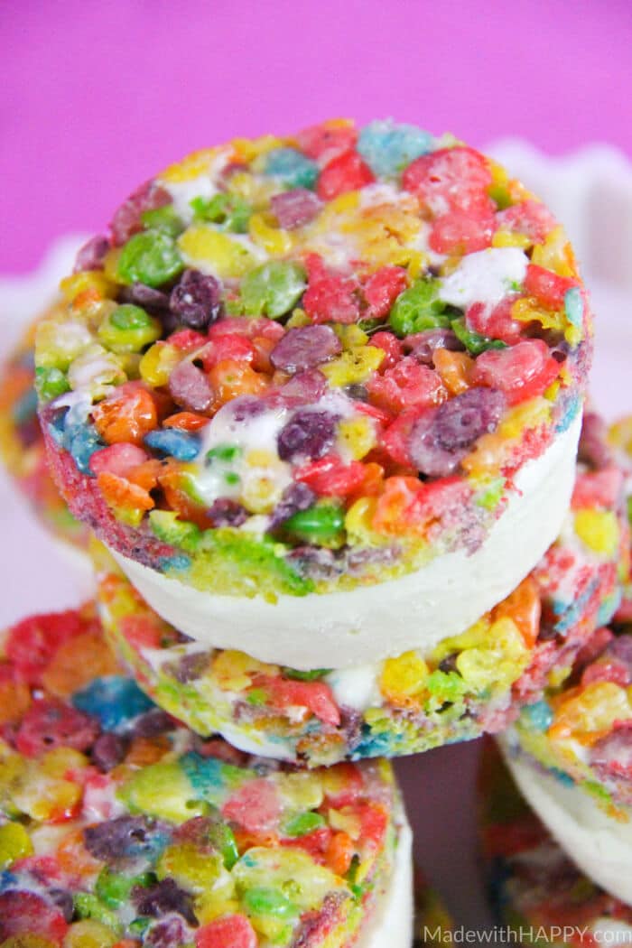 Rainbow Ice Cream Sandwich | Ice cream sandwich recipes | Rice Crispy Treats | Rainbow Treats | St. Patrick's Day Desserts | Rainbow Rice Crispy Treats | www.madewithhappy.com