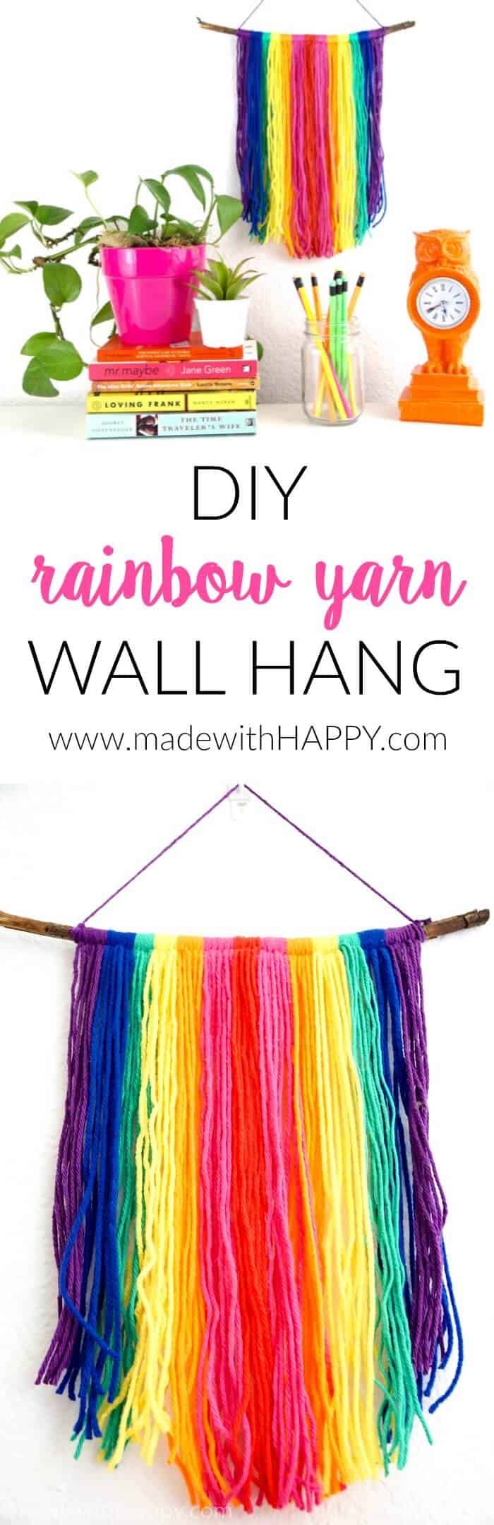 DIY Yarn Wall Hang Tapestry Tutorial. Simple Rainbow Macrame. Colorful Yarn Wall Hanging Tapestry Tutorial. www.madewithhappy.com