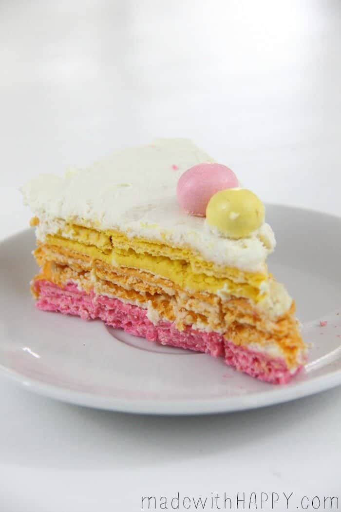 Spring Rainbow Icebox Cake | Easter Dessert | Bright Colored Icebox Cake | Cream Cheese Cake | www.madewithHAPPY.com