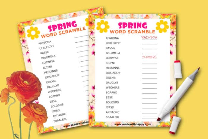 Free printable Spring Word Scramble