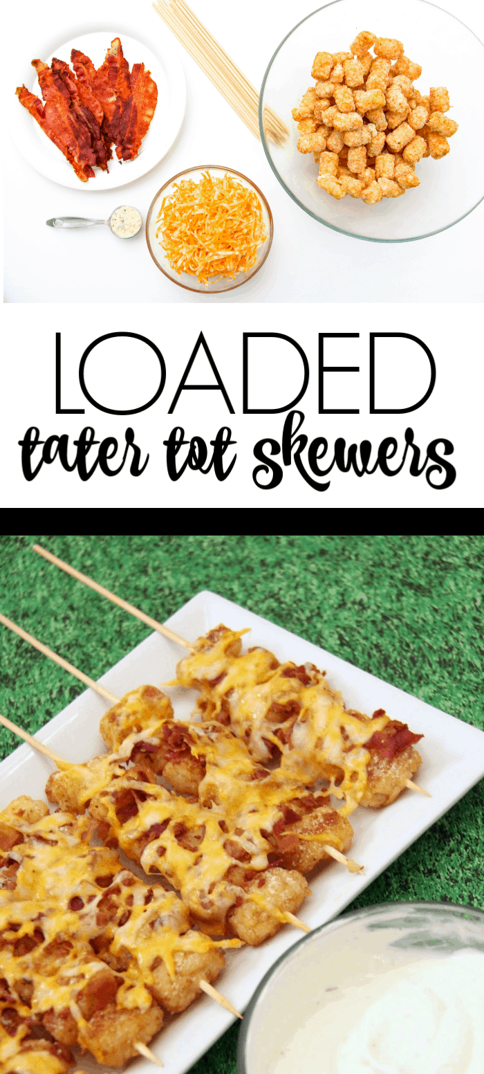 Loaded Tater Tot Skewers | Appetizers | Superbowl food | Tater Tot Kabobs | www.madewithHAPPY.com