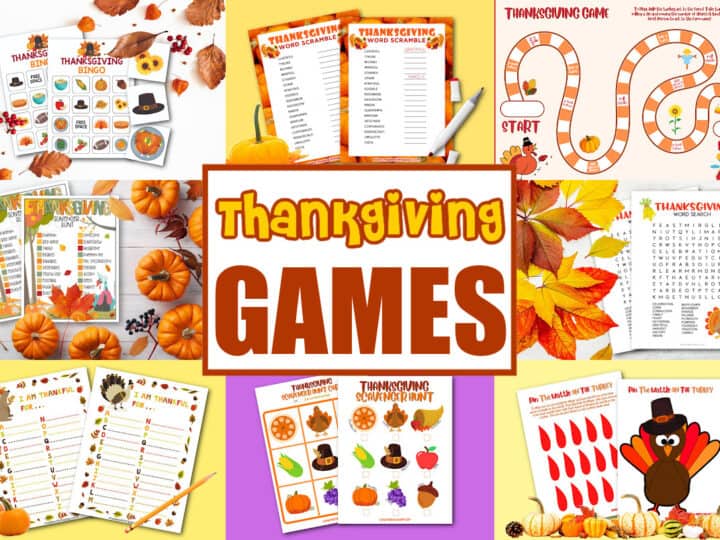 A collage of colorful printable Thanksgiving games and activities for kids, featuring bingo, scavenger hunts, word searches, coloring pages, and board games, with autumn leaves and pumpkins decorating these fun Printable Thanksgiving Games.