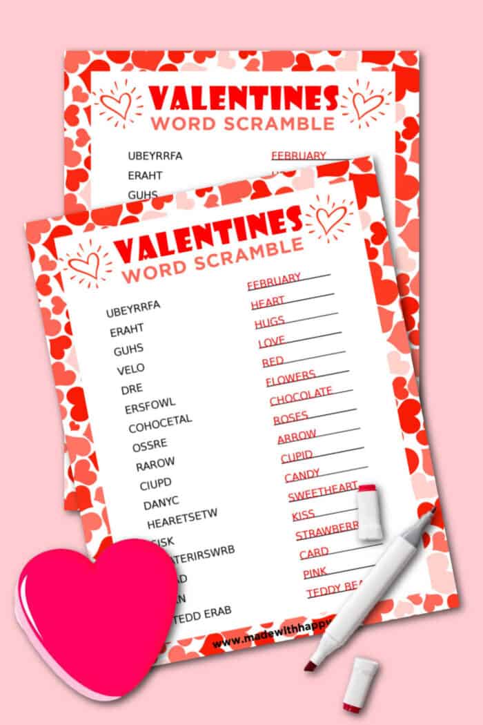 valentine's day word scramble answers