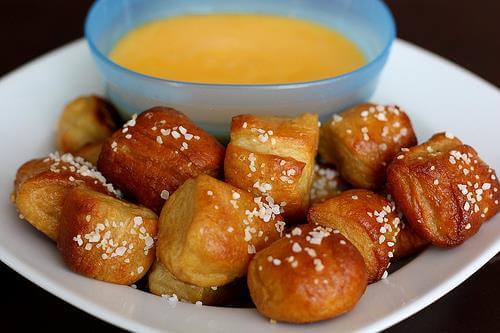 Easy Super Bowl Appetizers - pretzel bites with nacho cheese for dipping