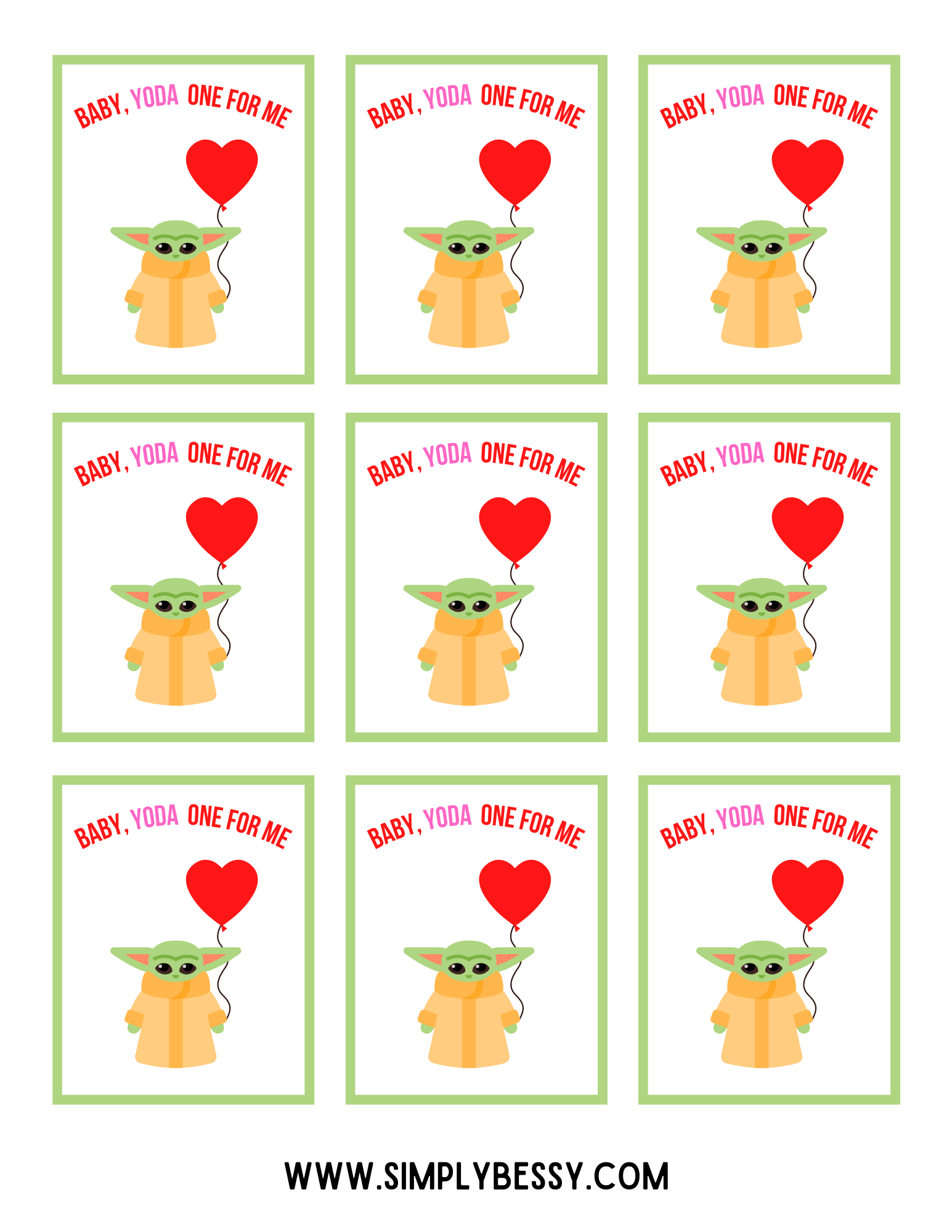 baby yoda free printable valentine cards