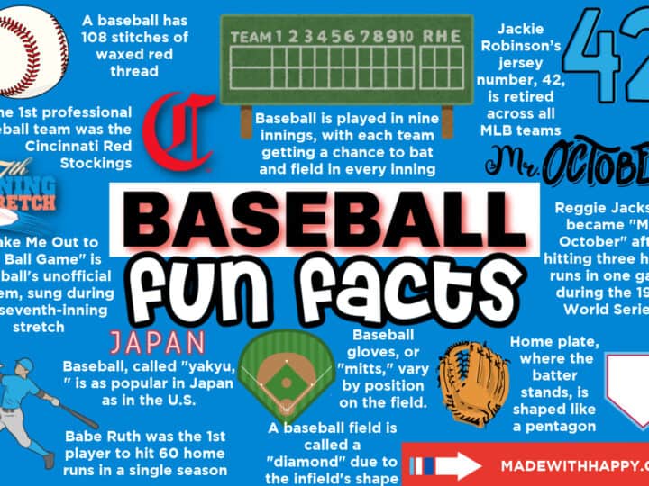 Colorful infographic titled Baseball Fun Facts featuring intriguing baseball facts and trivia. Includes info about the first team, baseball stitch count, importance of number 42, Japans pro baseball, and Babe Ruths 60 home runs. Playful text with engaging baseball-related graphics.