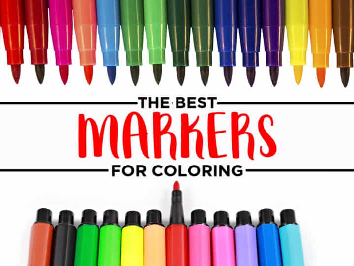 Colorful markers are neatly arranged in two vibrant rows flanking the text THE BEST MARKERS FOR COLORING. Each row showcases a stunning rainbow spectrum, with caps perfectly matching the ink color, truly highlighting why theyre considered the best markers for coloring enthusiasts.