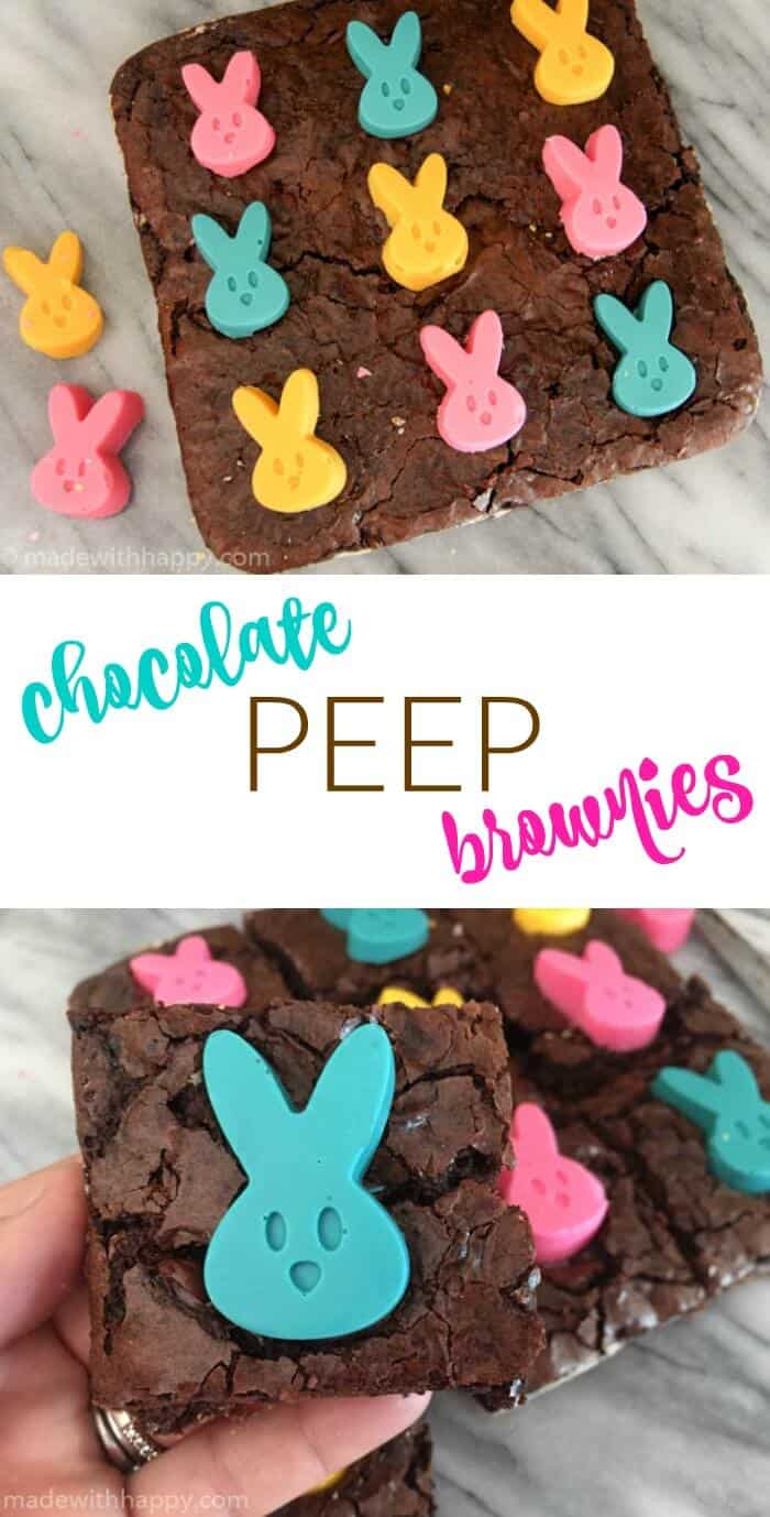 Chocolate Peep Brownies | Easter Desserts | Desserts made with peeps | Simple Easter Desserts | Semi-homemade Easter Desserts | Bunny Dessert Ideas | www.madewithhappy.com