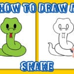 A tutorial on drawing a snake. The left side shows a completed colored snake drawing in green, while the right side depicts an outlined version. A hand is adding details with a black marker. Bold text reads How to Draw a Snake.