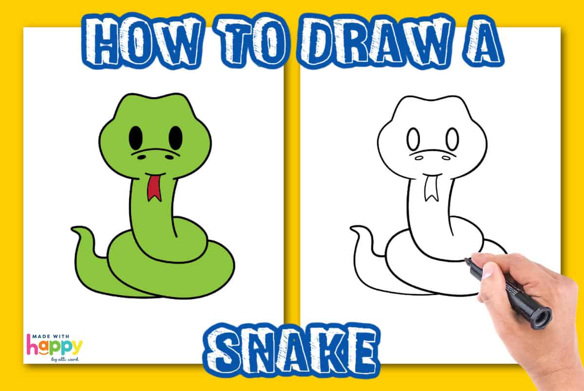 A tutorial on drawing a snake. The left side shows a completed colored snake drawing in green, while the right side depicts an outlined version. A hand is adding details with a black marker. Bold text reads How to Draw a Snake.