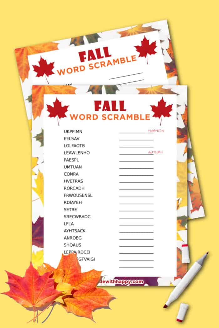 Free Printable Fall Word Scramble Made with HAPPY