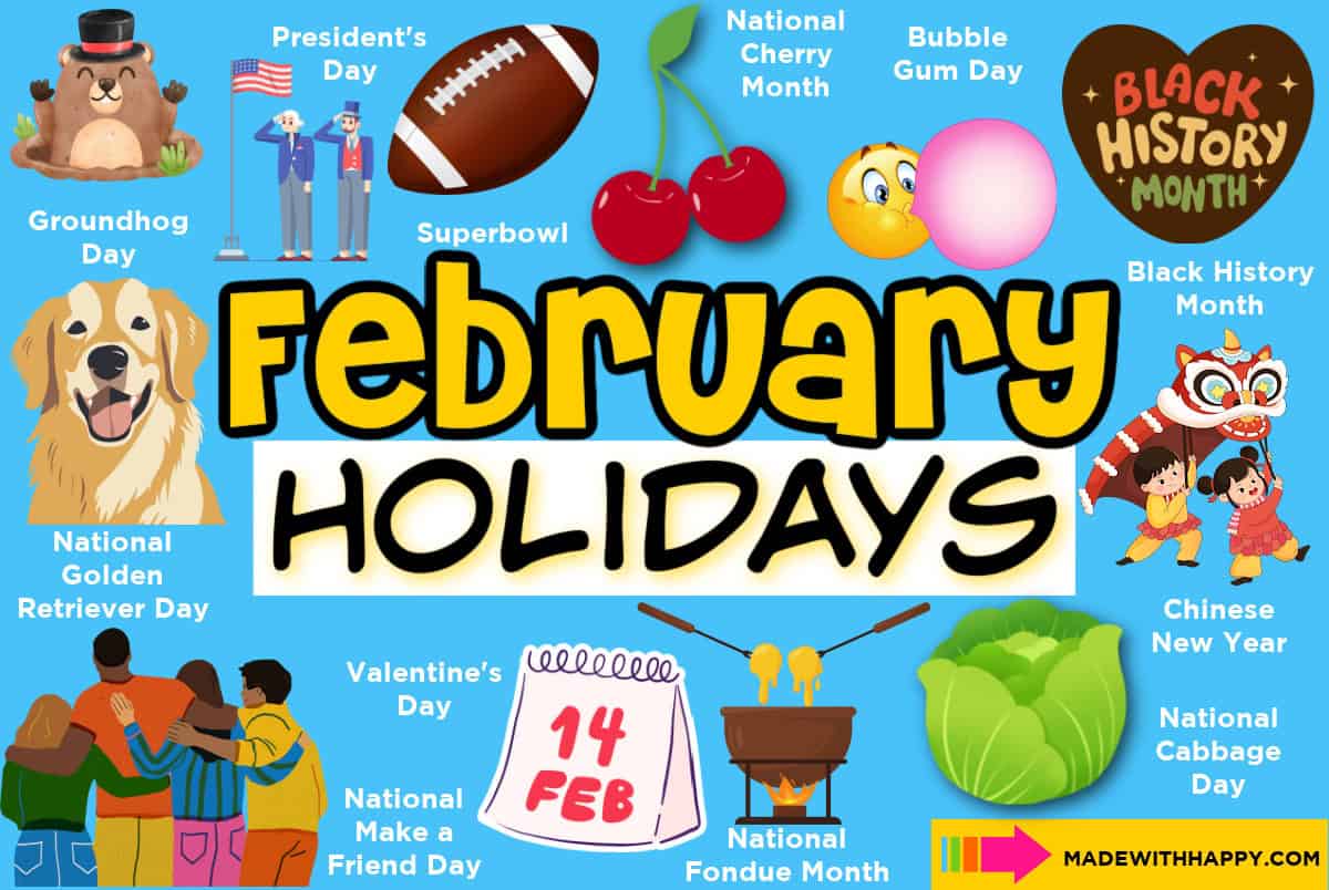 A vibrant February holidays collage featuring illustrations of Groundhog Day, Presidents Day, Superbowl, National Cherry Month, Bubble Gum Day, Black History Month, Valentine’s Day, Chinese New Year, National Cabbage Day, National Golden Retriever Day, and National Fondue Month.